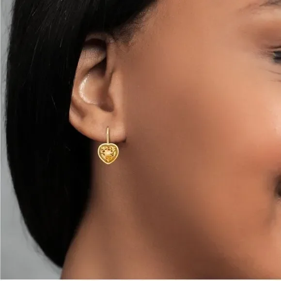 18K Yellow Gold 925 2.00 Cttw 7MM Yellow Citrine Heart Leverback Drop Earrings